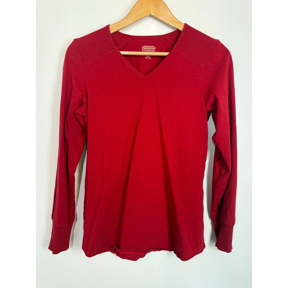 Pendleton Womens 100% Cotton Red V Neck Long Sleeve Shirt Size Medium M Top